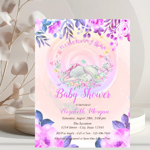 Cute Baby Elephant Butterflies Floral Invitation