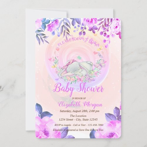 Cute Baby Elephant Butterflies Floral Invitation