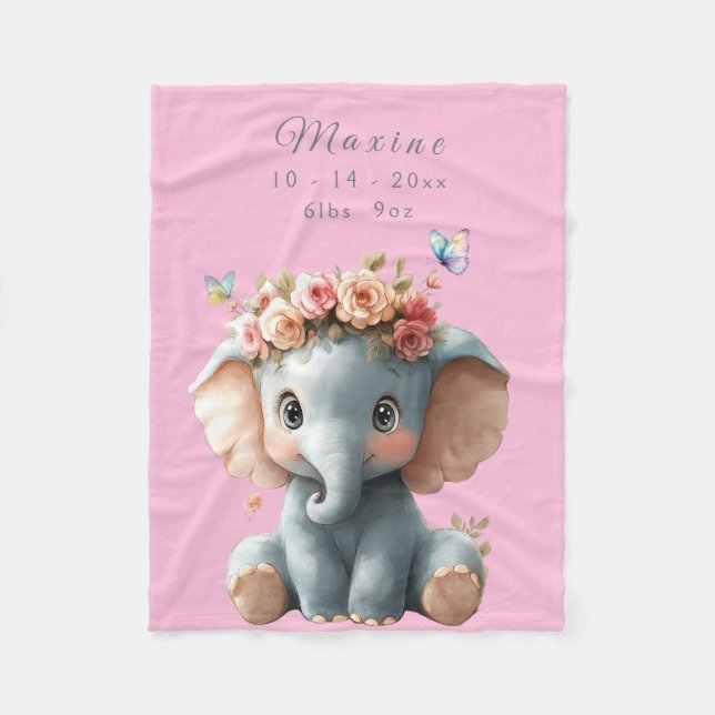 Cute Baby Elephant Butterflies Flowers Fleece Blanket (Front)
