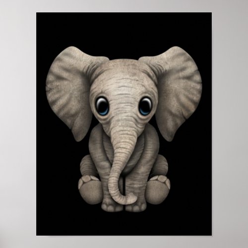 Cute Baby Elephant Calf Sitting Down Black Poster