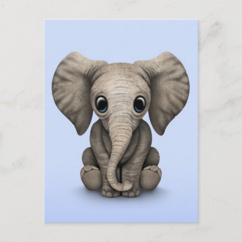 Cute Baby Elephant Calf Sitting Down Light Blue Postcard