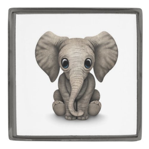 Cute Baby Elephant Calf Sitting Down on White Gunmetal Finish Lapel Pin