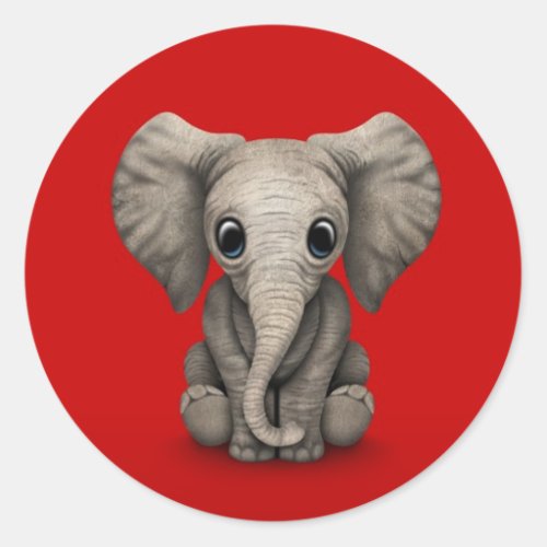 Cute Baby Elephant Calf Sitting Down Red Classic Round Sticker