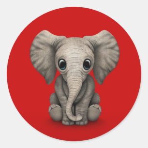 Cute Baby Elephant Calf Sitting Down, Red Classic Round Sticker
