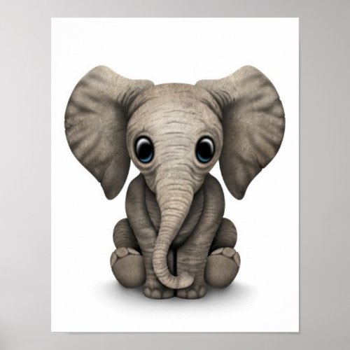 Cute Baby Elephant Calf Sitting Down White Poster