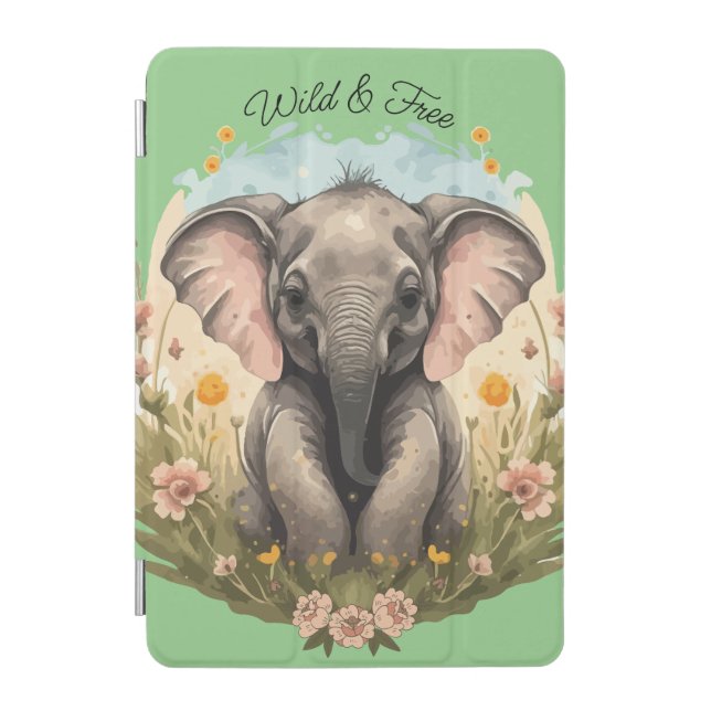 Cute Baby Elephant Calf Wildflower Wanderlust iPad Mini Cover (Front)