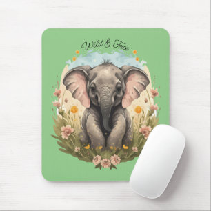 Cute Baby Elephant Calf Wildflower Wanderlust Mouse Pad
