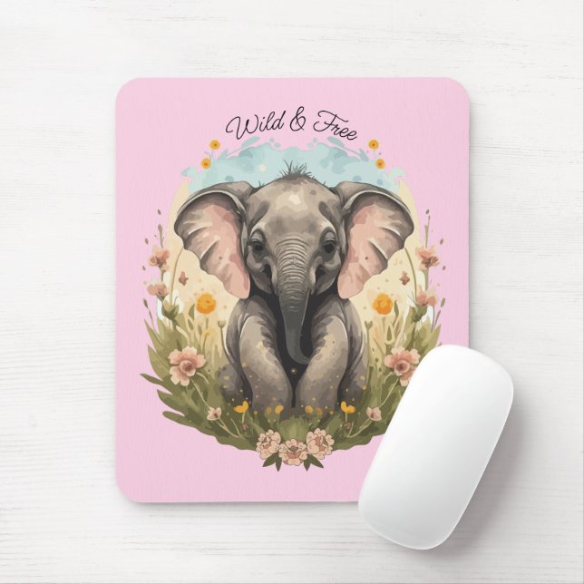 Cute Baby Elephant Calf Wildflower Wanderlust Mouse Pad (With Mouse)