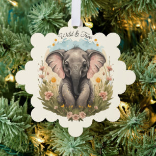 Cute Baby Elephant Calf Wildflower Wanderlust Ornament Card