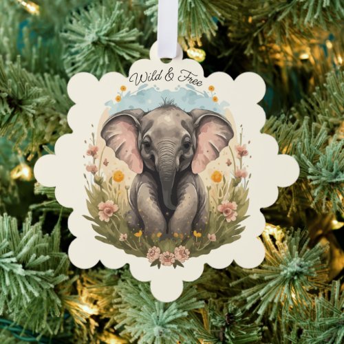 Cute Baby Elephant Calf Wildflower Wanderlust  Ornament Card