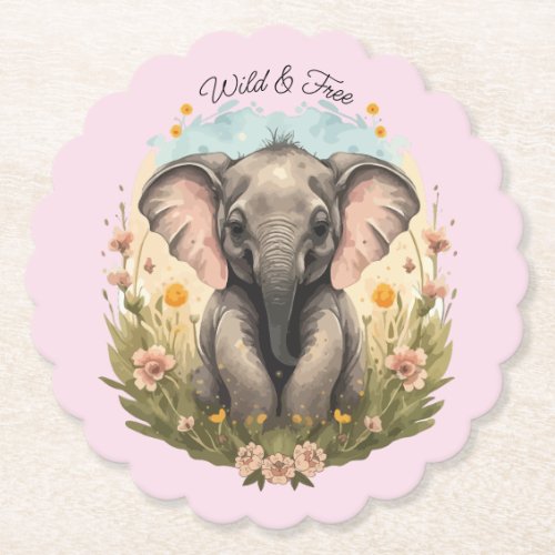 Cute Baby Elephant Calf Wildflower Wanderlust Paper Coaster