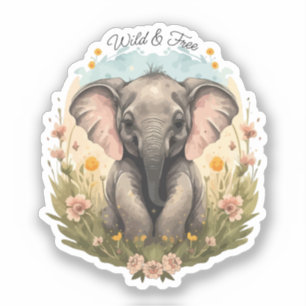 Cute Baby Elephant Calf Wildflower Wanderlust Sticker