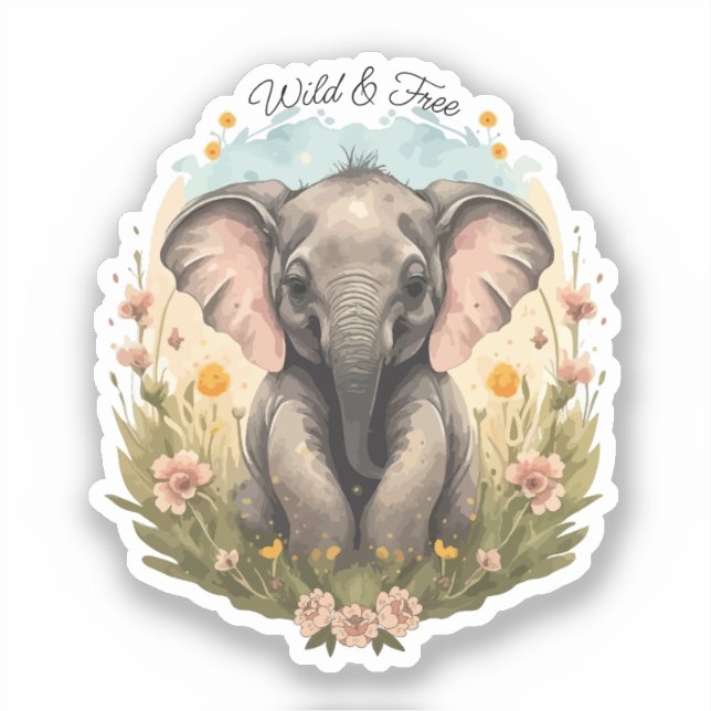 Cute Baby Elephant Calf Wildflower Wanderlust Sticker (Front)