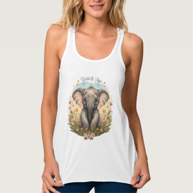 Cute Baby Elephant Calf Wildflower Wanderlust Tank Top (Front)