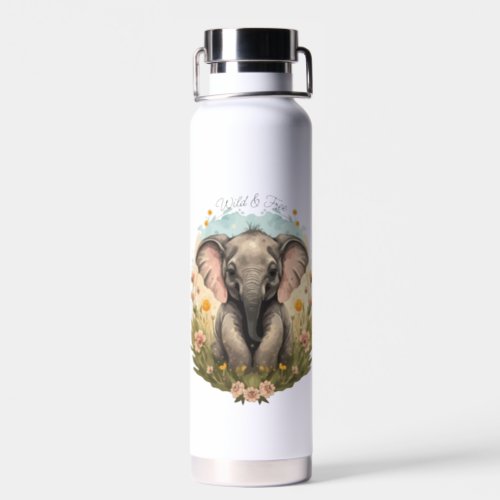 Cute Baby Elephant Calf Wildflower Wanderlust Water Bottle