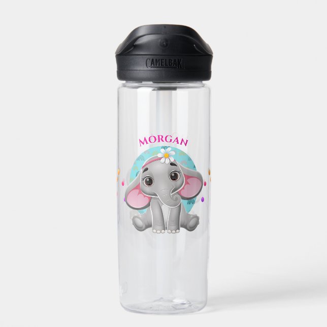 Cute Baby Elephant, Child's Name Water Bottle (Back)