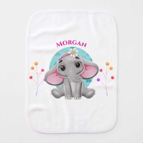 Cute Baby Elephant Childs Name White Baby Burp Cloth