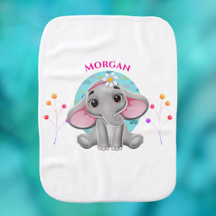 Cute Baby Elephant, Child's Name, White Burp Cloth