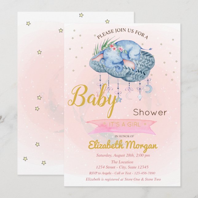Cute Baby Elephant Cloud,Stars Baby Shower Invitation (Front/Back)