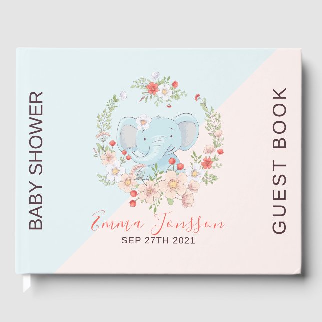 Cute baby elephant colorful floral wreath guest book (Front)