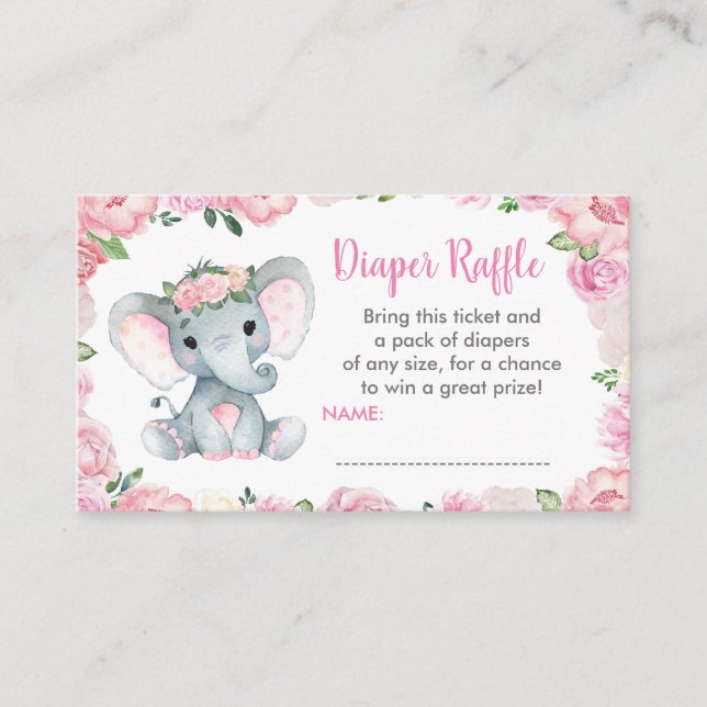 Cute Baby Elephant diaper raffle ticket, pink Enclosure Card (Front)