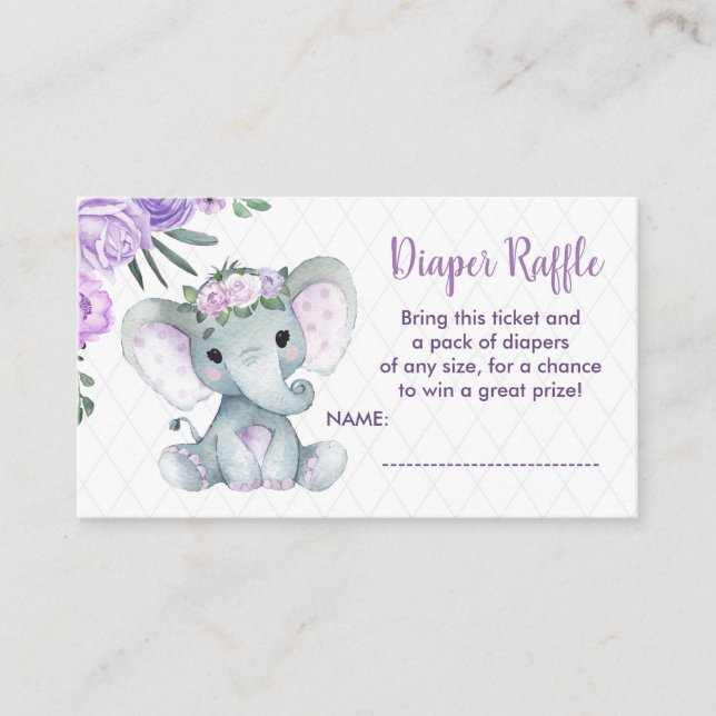 Cute Baby Elephant diaper raffle ticket, purple Enclosure Card (Front)