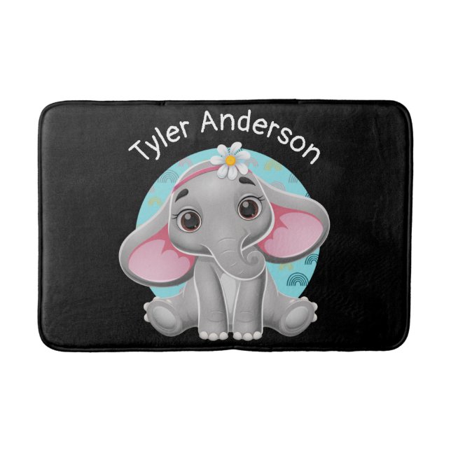 Cute Baby Elephant, DIY Name, Black Bath Mat (Front)