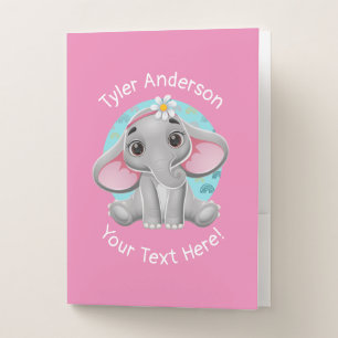 Cute Baby Elephant, DIY Name & Extra Text, Pink Pocket Folder