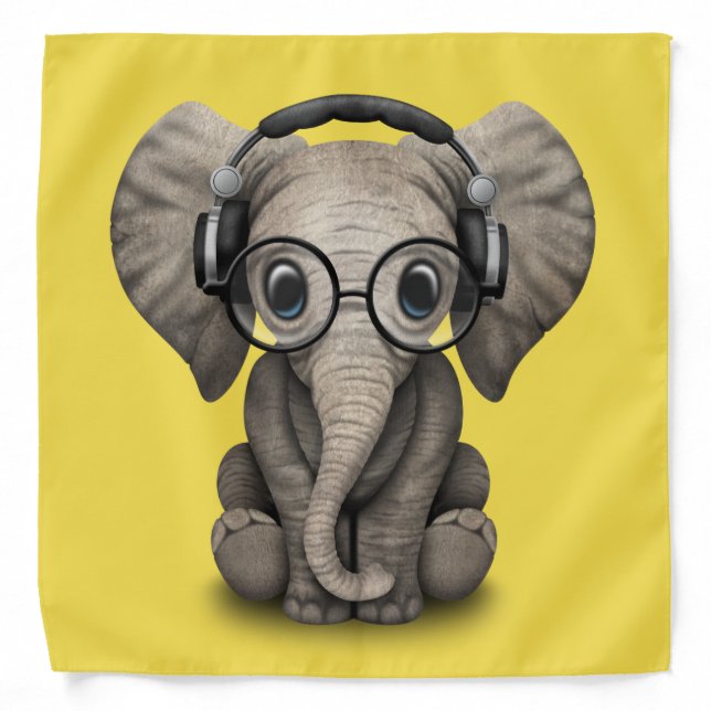 Cute Baby Elephant Dj Wearing Headphones and Glass Bandana (Front)