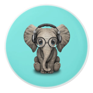 Cute Baby Elephant Dj Wearing Headphones and Glass Ceramic Knob