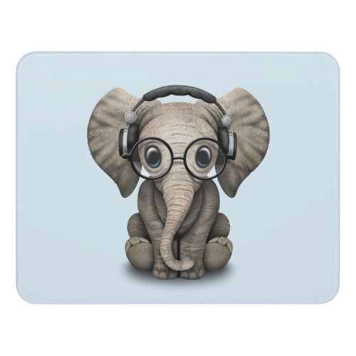 Cute Baby Elephant Dj Wearing Headphones and Glass Door Sign