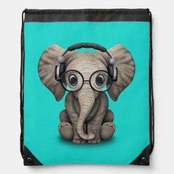 Cute Baby Elephant Dj Wearing Headphones And Glass Drawstring Bag by crazycreatures at Zazzle