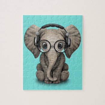 Cute Baby Elephant Dj Wearing Headphones And Glass Jigsaw Puzzle by crazycreatures at Zazzle