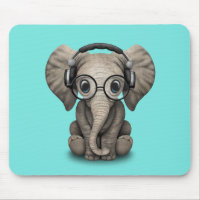 Cute Baby Elephant Dj Wearing Headphones and Glass