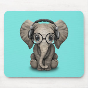 Cute Baby Elephant Dj Wearing Headphones and Glass Mouse Pad