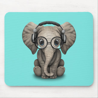 Cute Baby Elephant Dj Wearing Headphones and Glass Mouse Pad