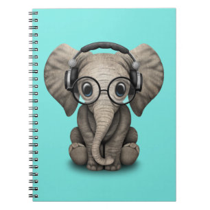 Cute Baby Elephant Dj Wearing Headphones and Glass Notebook