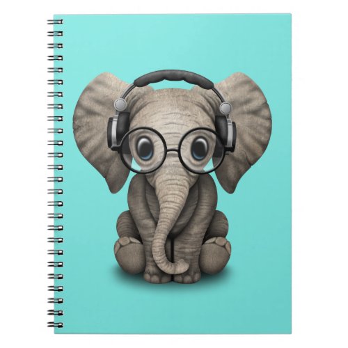 Cute Baby Elephant Dj Wearing Headphones and Glass Notebook