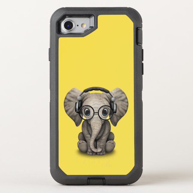 Cute Baby Elephant Dj Wearing Headphones and Glass Otterbox iPhone Case (Back)