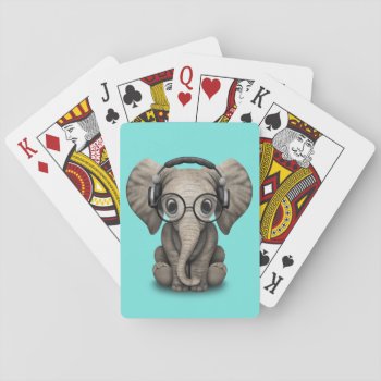 Cute Baby Elephant Dj Wearing Headphones And Glass Playing Cards by crazycreatures at Zazzle