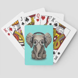 Cute Baby Elephant Dj Wearing Headphones and Glass Poker Cards