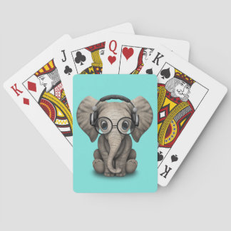 Cute Baby Elephant Dj Wearing Headphones and Glass Poker Cards
