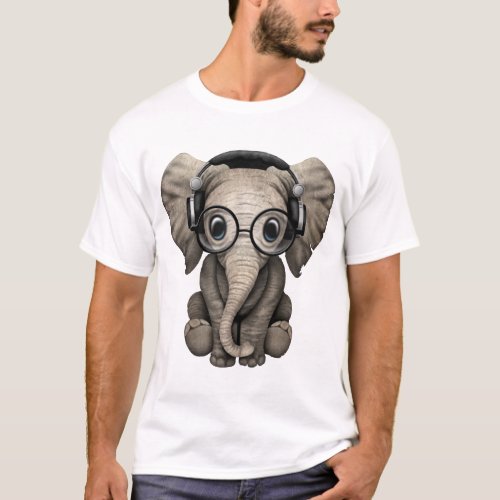 Cute Baby Elephant Dj Wearing Headphones and Glass T_Shirt