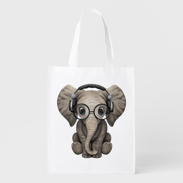Cute Baby Elephant Dj Wearing Headphones Reusable Grocery Bag (Front)