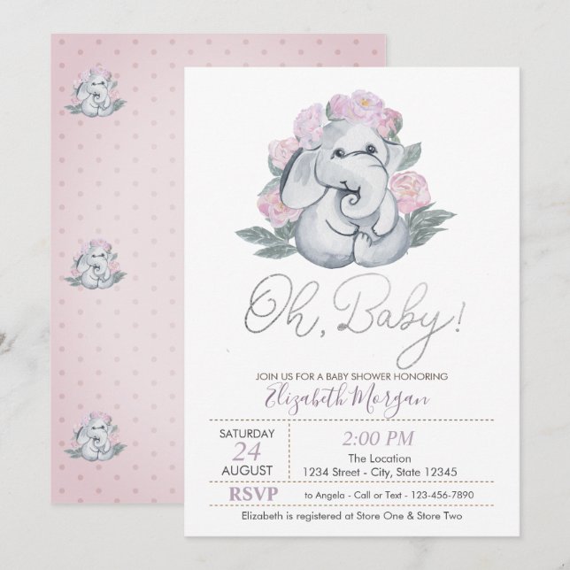 Cute Baby Elephant Dots Floral  Baby Shower Invitation (Front/Back)