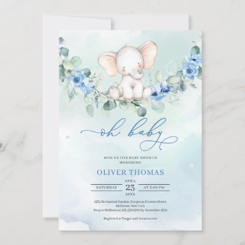 Cute baby elephant dusty blue flowers eucalyptus invitation