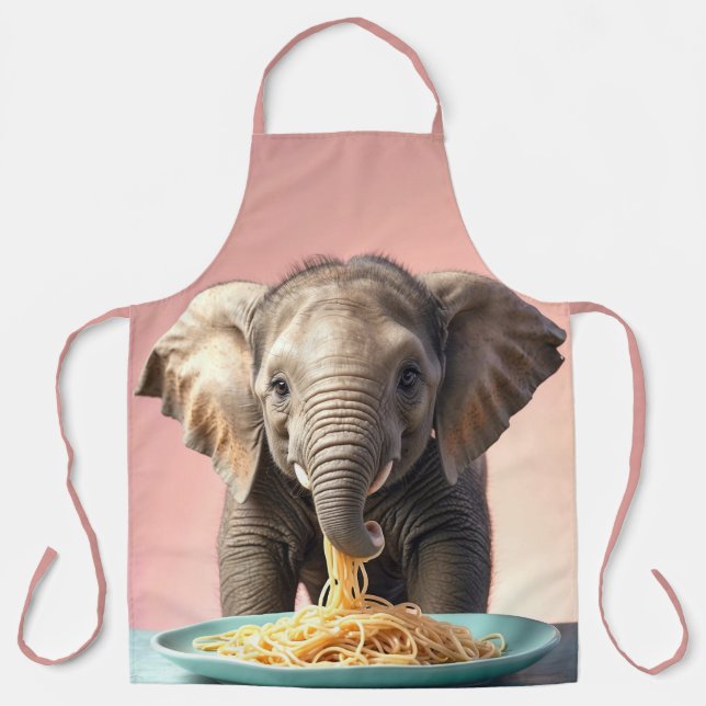 Cute Baby Elephant Eating Spaghetti Apron (Front)