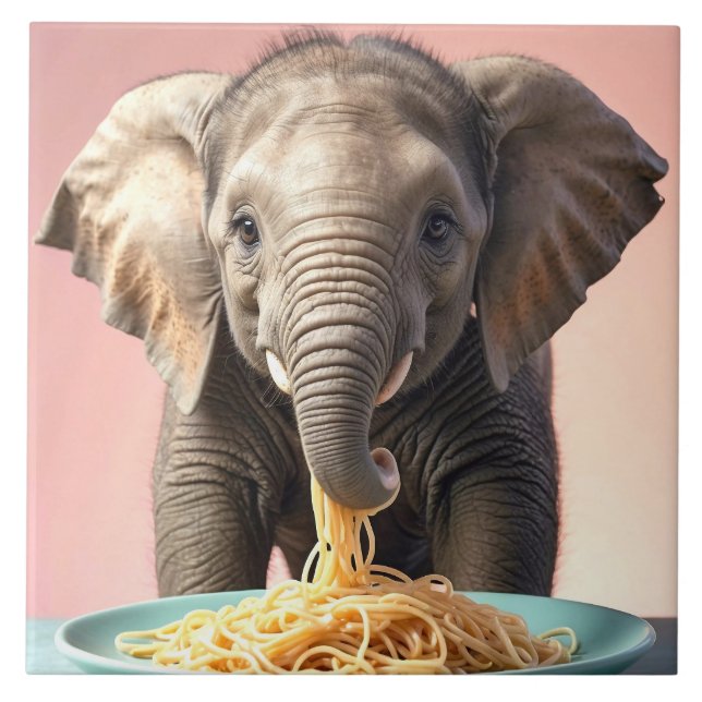 Cute Baby Elephant Eating Spaghetti Ceramic Tile (Front)
