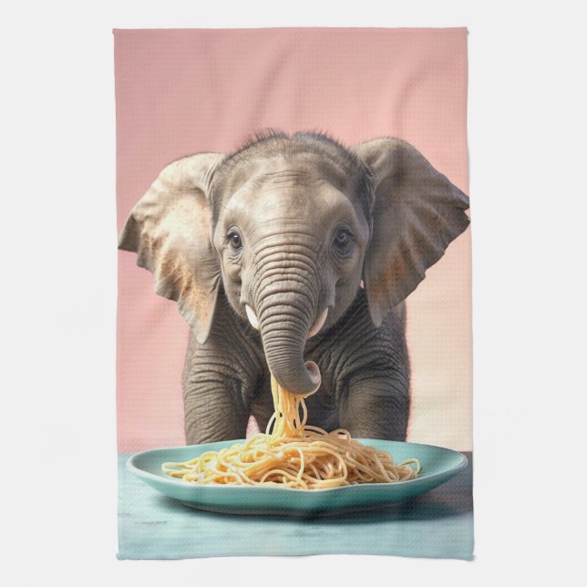 Cute Baby Elephant Eating Spaghetti Kitchen Towel (Vertical)