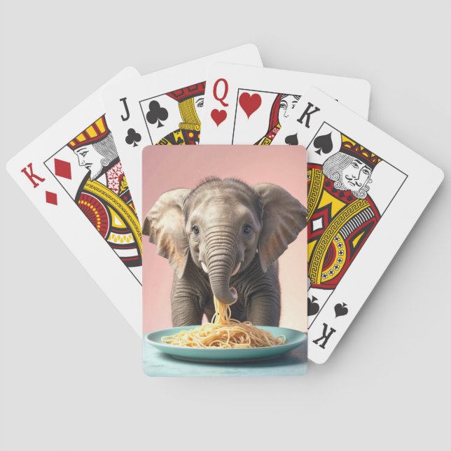 Cute Baby Elephant Eating Spaghetti Poker Cards (Back)
